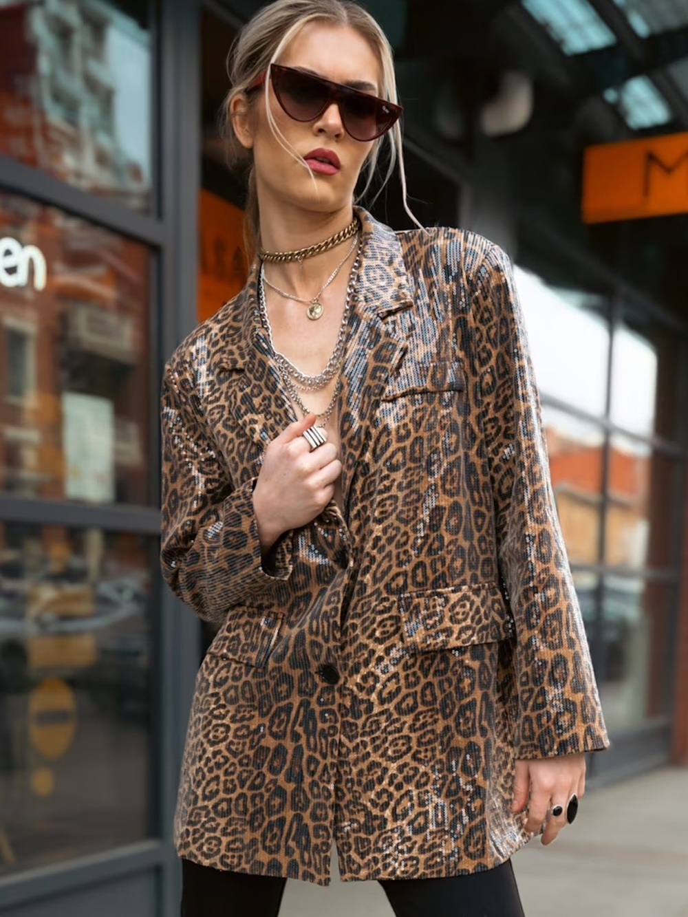 Leopard Print Women's Coated Blazer Jacket - Brown